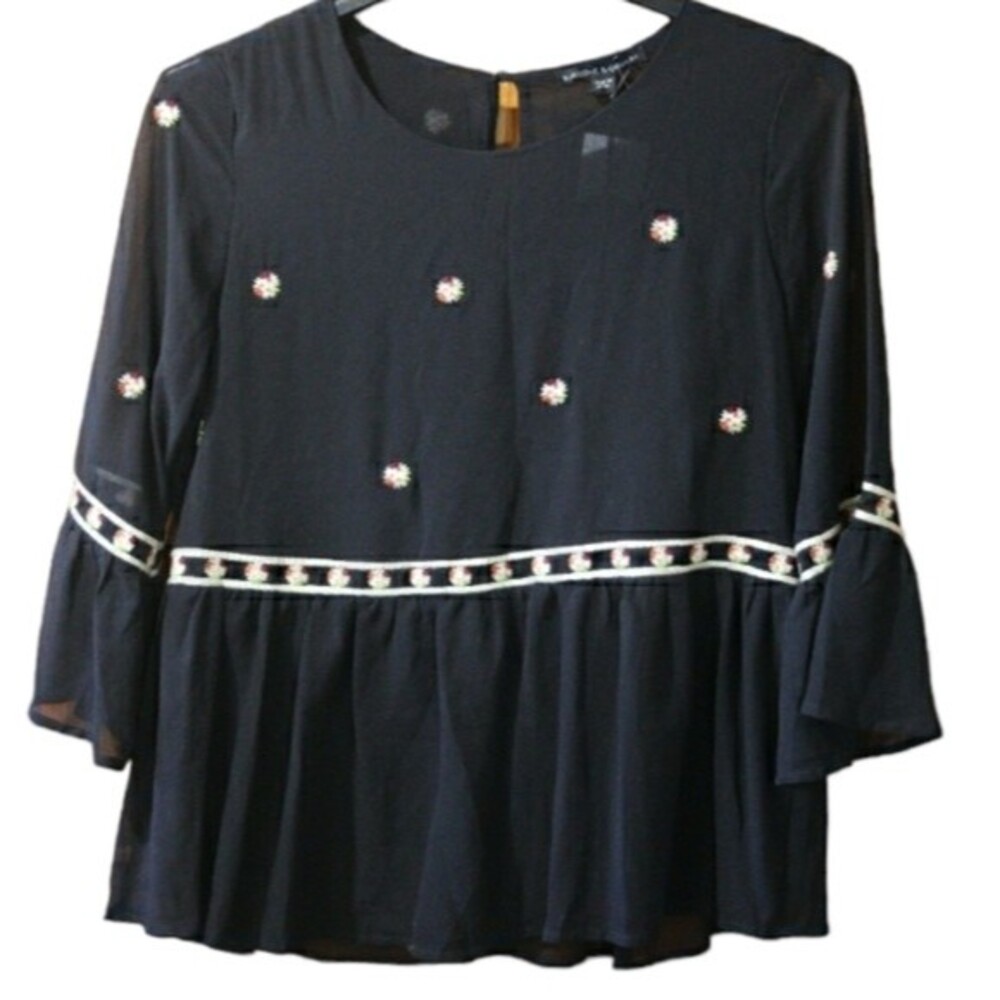Harlowe & Graham Black Embroidered Ruffle 3/4 Sleeve Semi Sheer Blouse LG